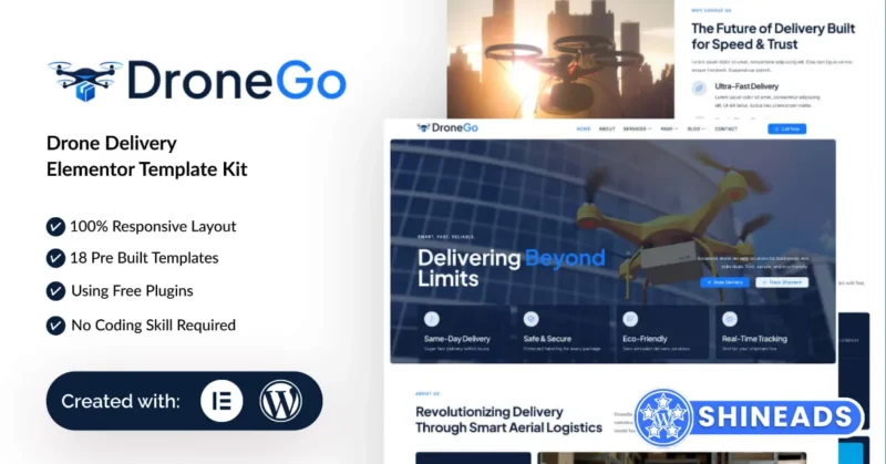 DroneGo – Drone Delivery Elementor Template Kit Free Download v1.0